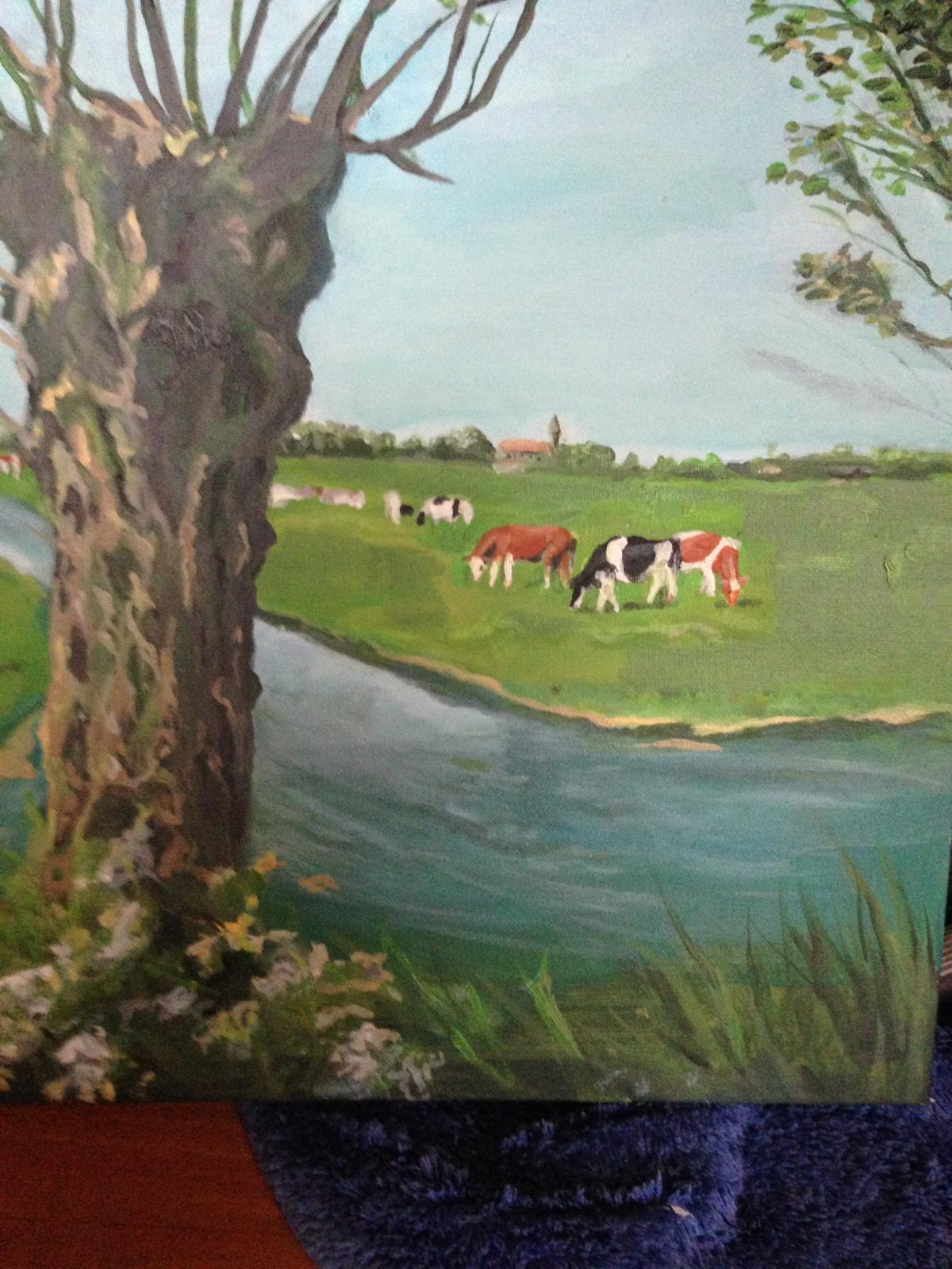 Schilderij: weidelandschap aan het water