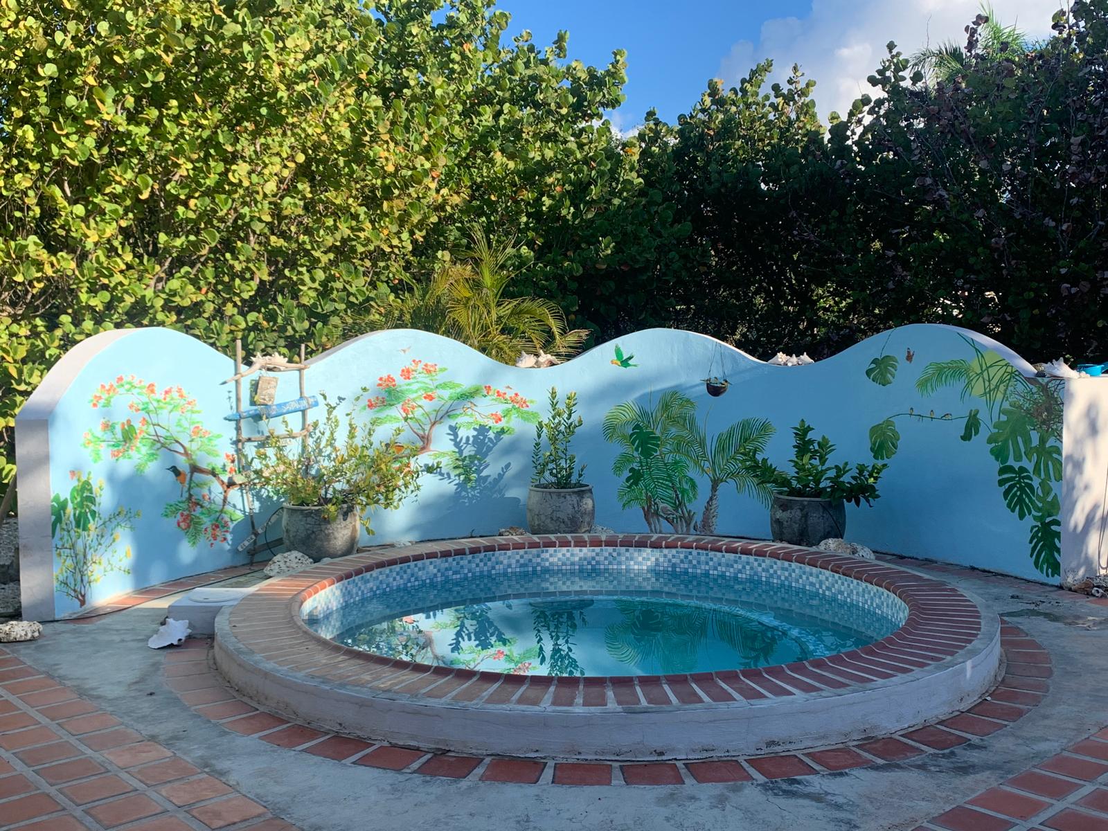 Tropische muurschildering rondom een zwembad op Bonaire