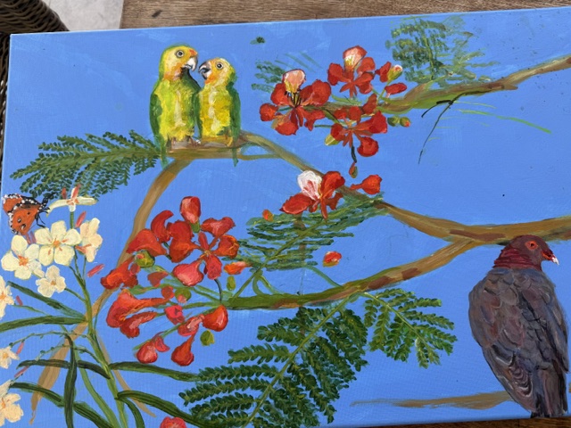 Onvoltooid schilderij met vogels en bloemen op Bonaire